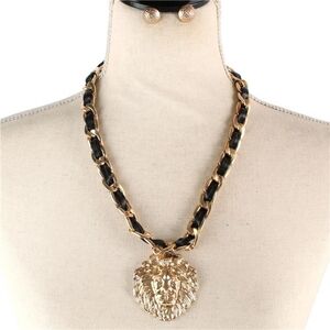 Black Gold Lion Head Charm Pendant Necklace Chain Link LionHead Set